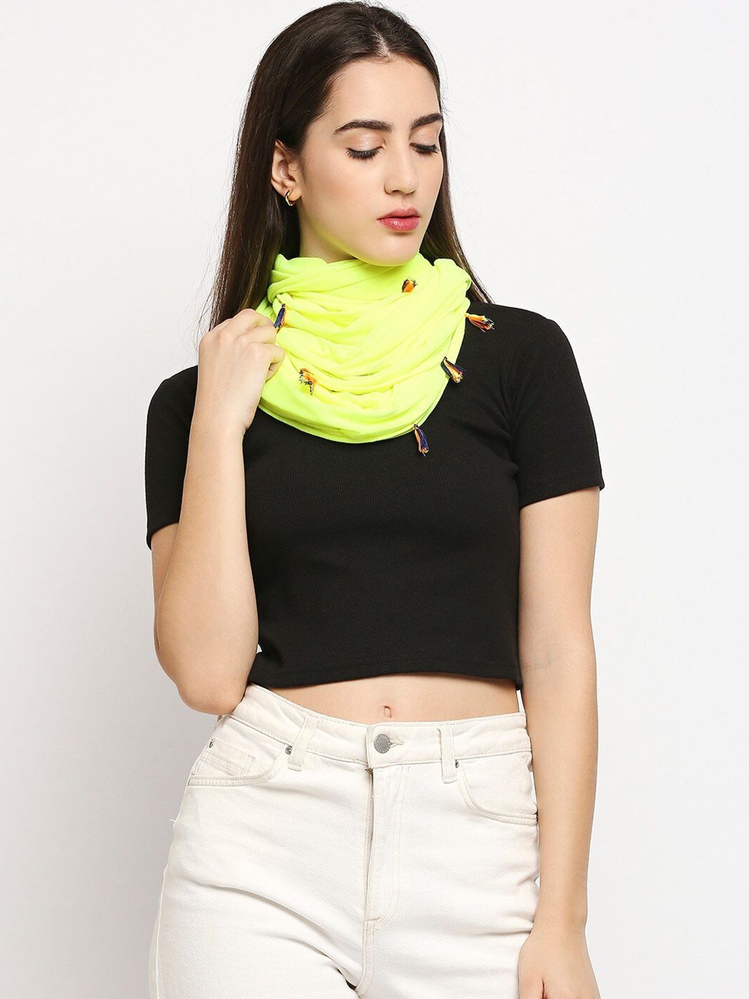 Get Wrapped Women Yellow Jersey Snood Scarf with Tassels Price in India