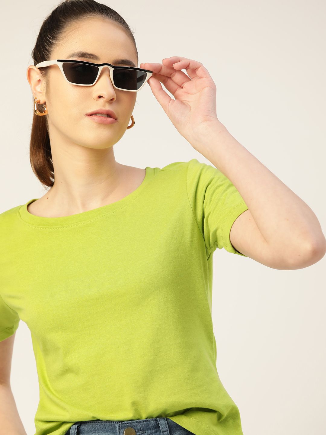 DressBerry Women Lime Green Solid Sustainable T-shirt Price in India