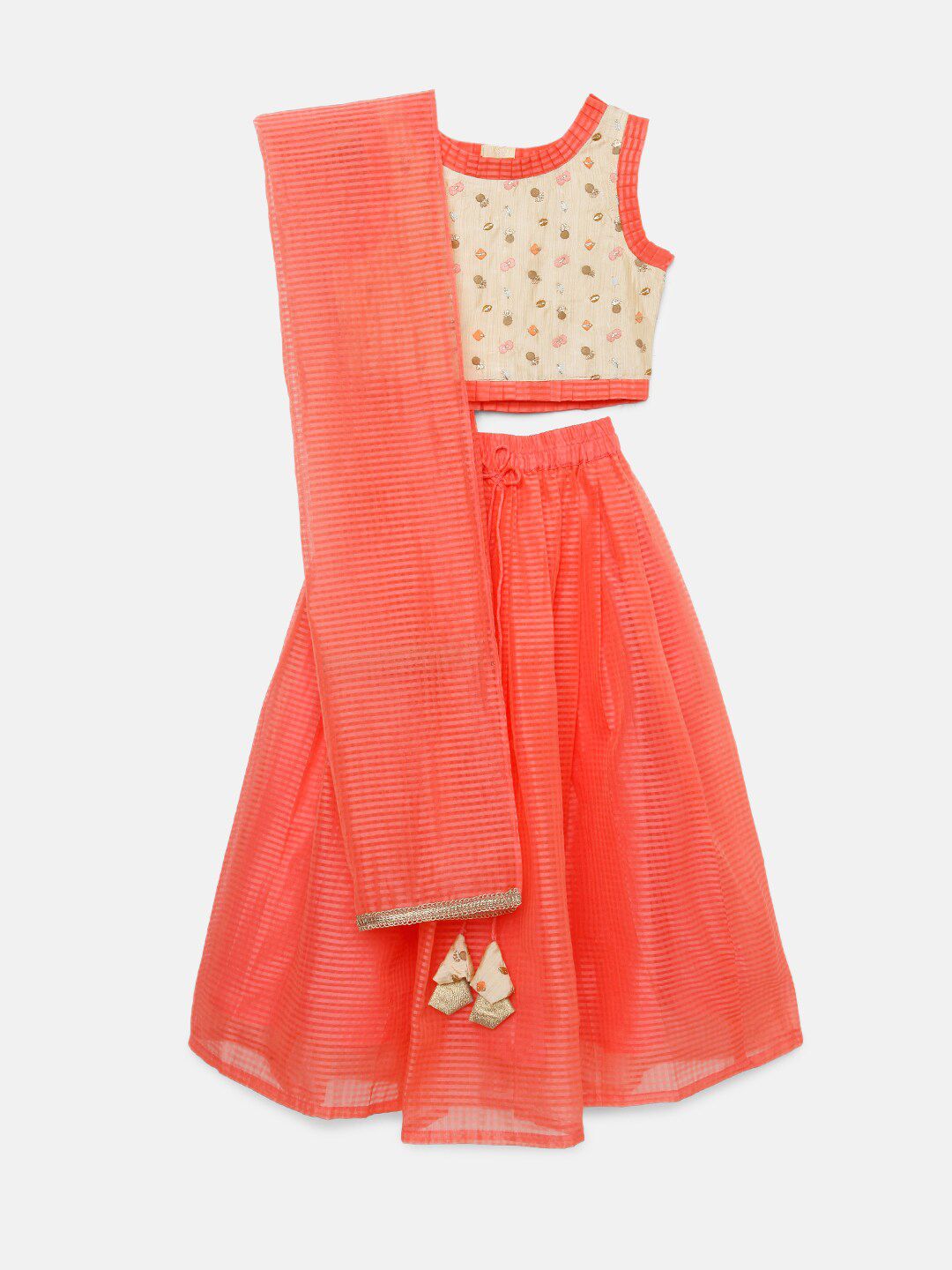 SALWAR STUDIO Girls Cream & Peach-Coloured Embroidered Lehenga Choli with Dupatta