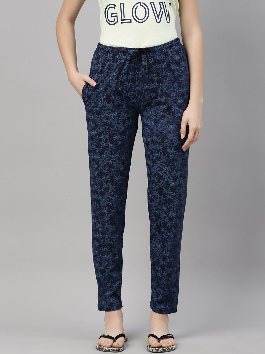 Kryptic Women Blue & Black Printed Pure Cotton Lounge Pants Price in India