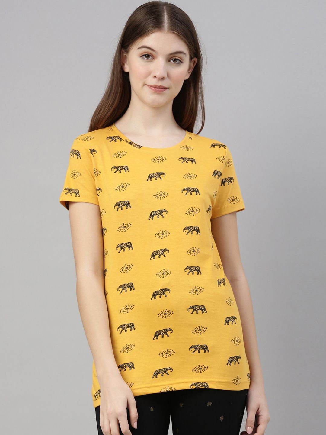 Kryptic Women Yellow & Black Printed Pure Cotton Lounge T-Shirt Price in India