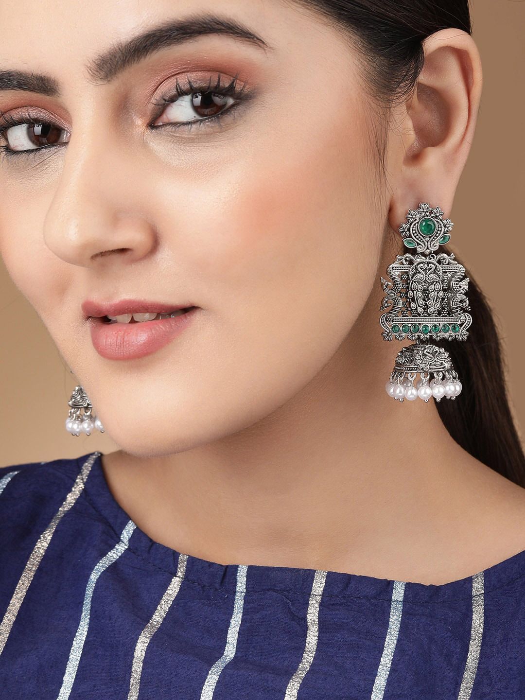 Rubans Silver-Toned Oxidized Handcrafted Peacock Shaped Jhumkas Earrings Price in India