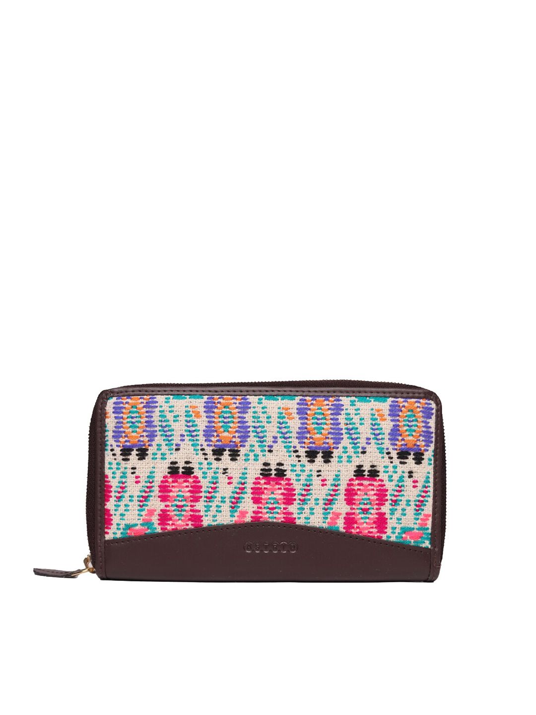 ASTRID Women Brown & Purple Floral Canvas Zip Around Wallet Price in India