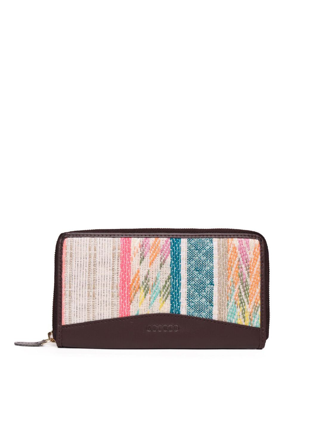 ASTRID Women Brown & Off White Woven Design Canvas Zip Around Wallet Price in India