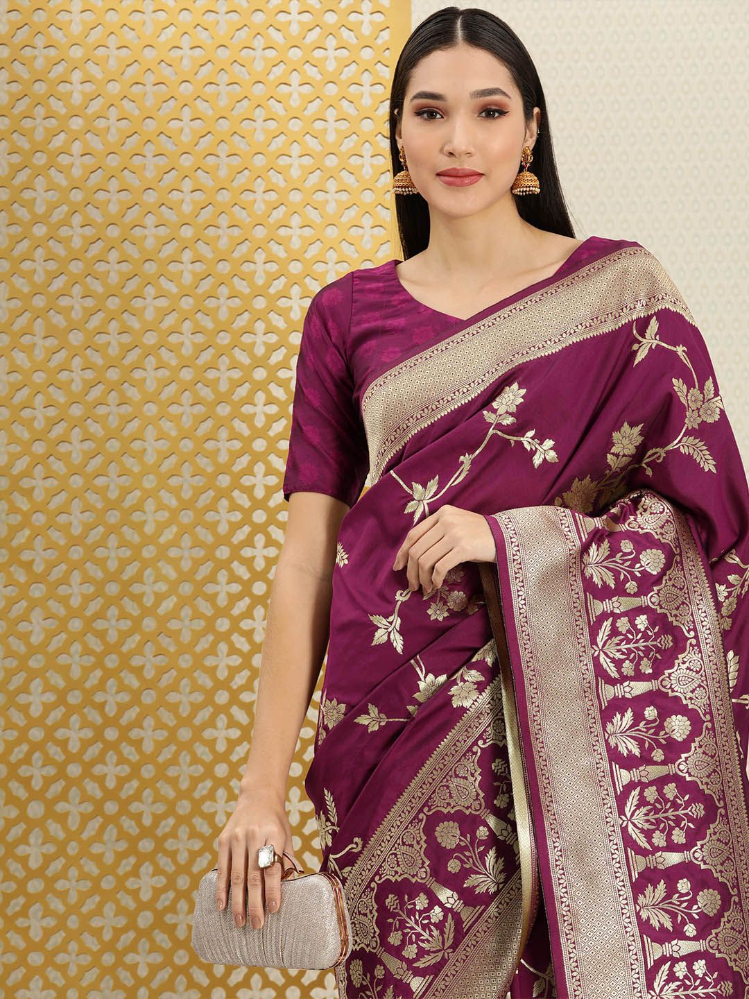 House of Pataudi Purple & Gold-Toned Floral Zari Silk Blend Banarasi Saree