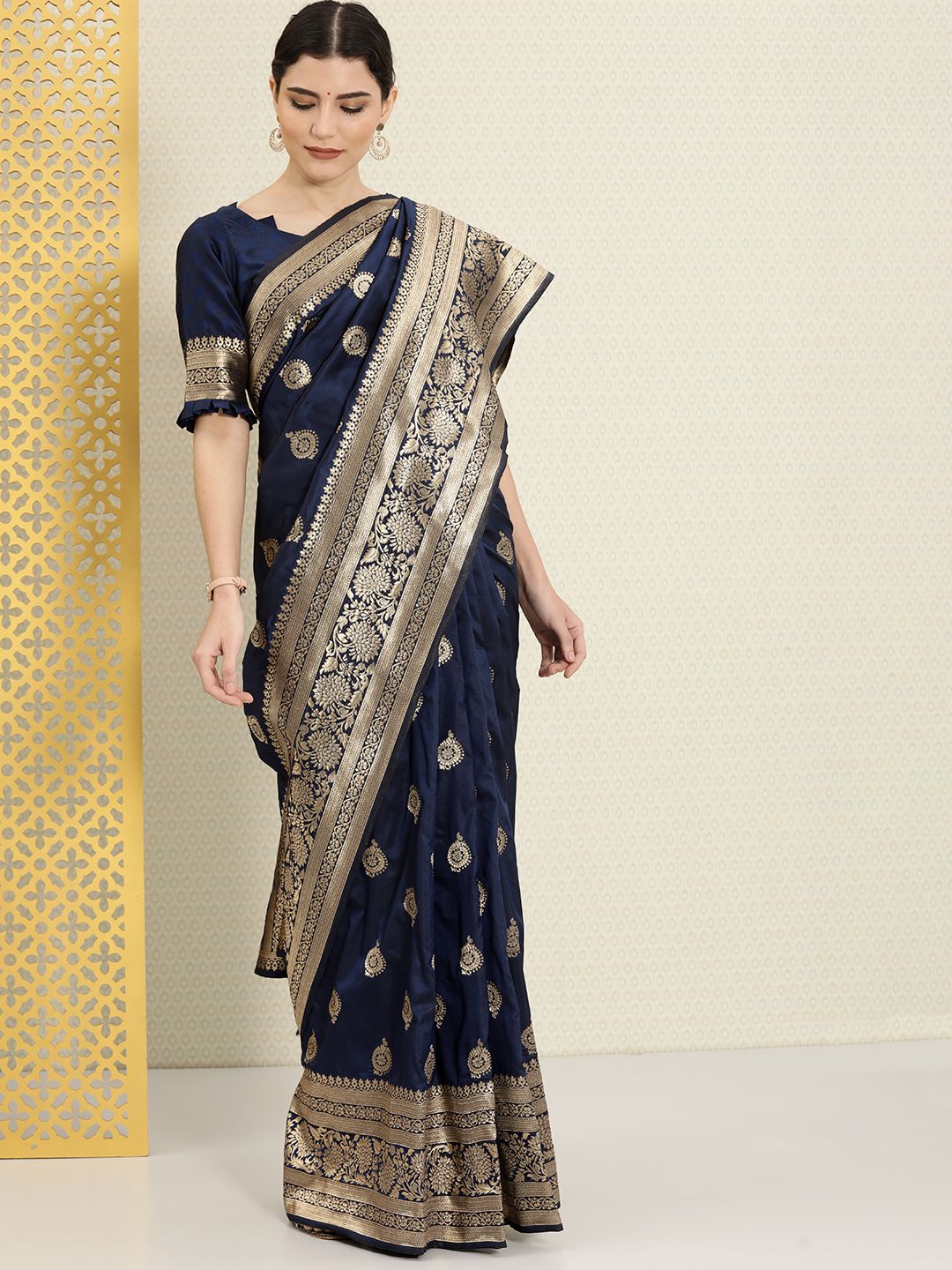 House of Pataudi Navy Blue & Gold-Toned Ethnic Motifs Zari Silk Blend Banarasi Saree