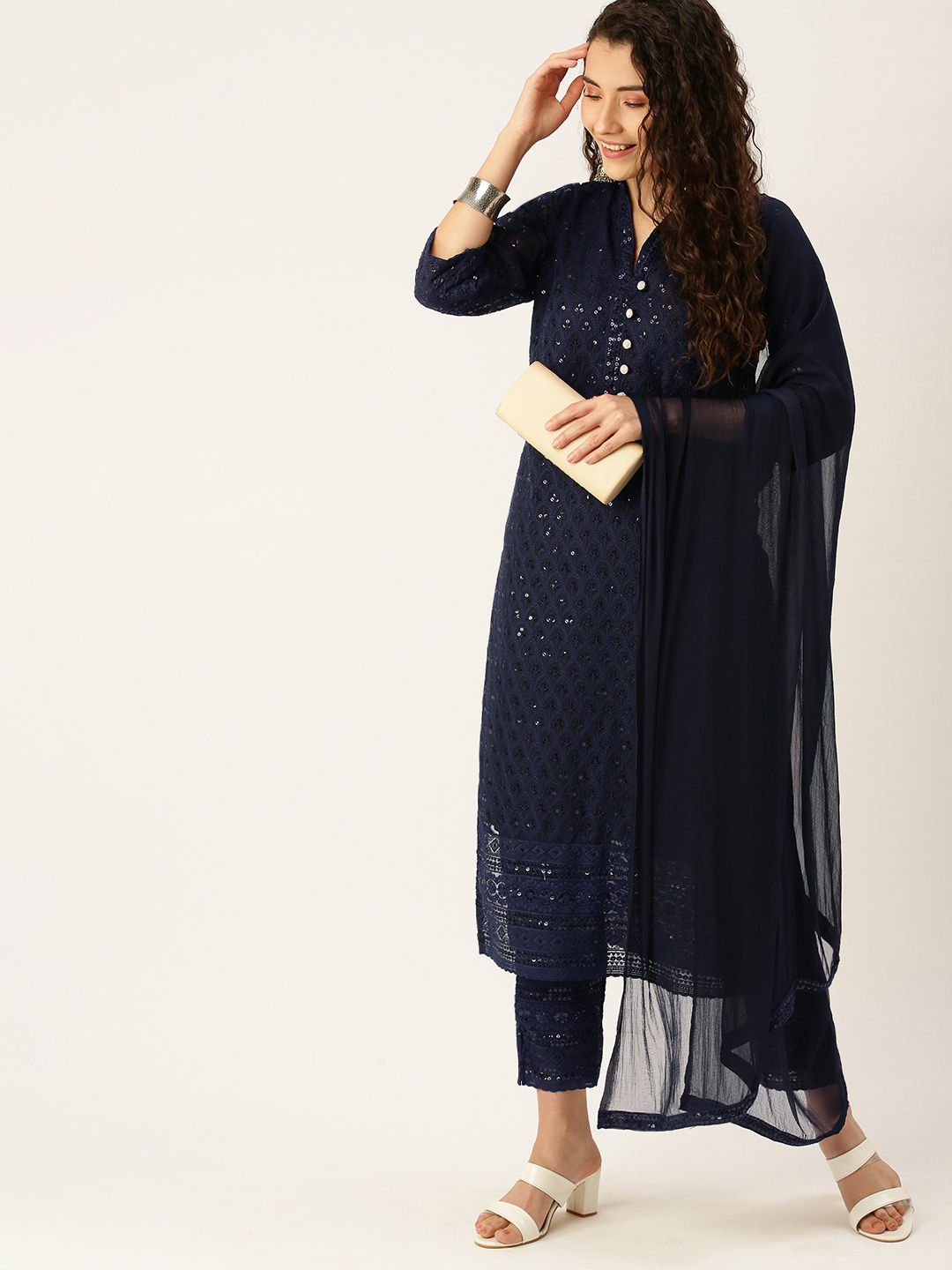 SWAGG INDIA Women Navy Blue Ethnic Motifs Embroidered Sequinned Kurta with Trousers & With Dupatta Price in India