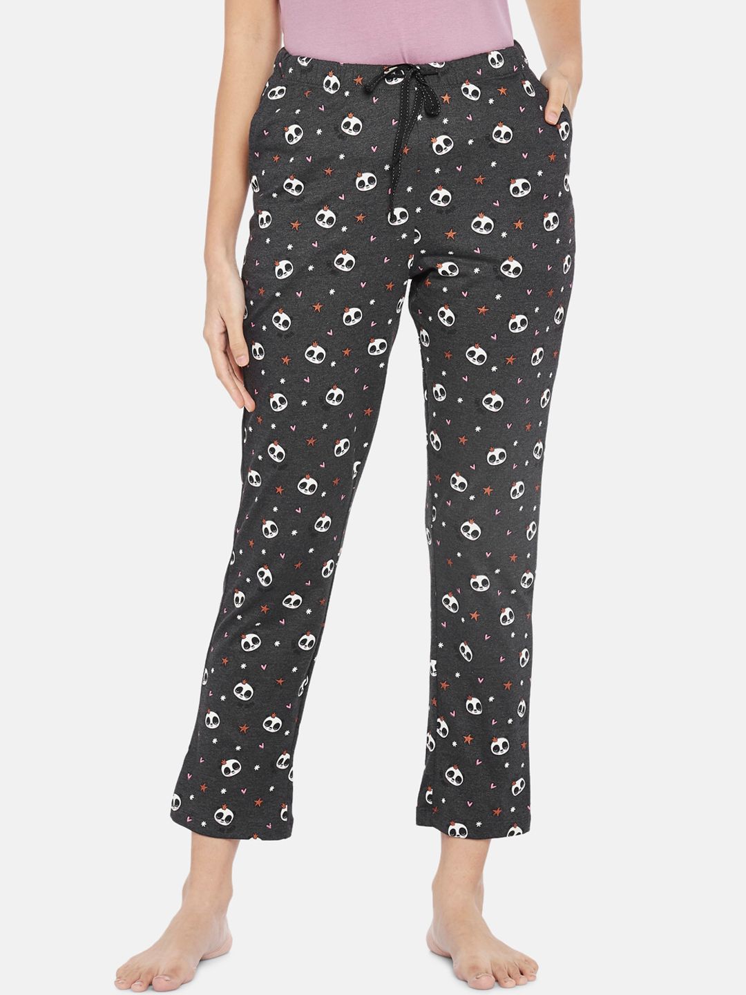 Dreamz by Pantaloons Women Charcoal & White Printed Pure Cotton Lounge Pants Price in India