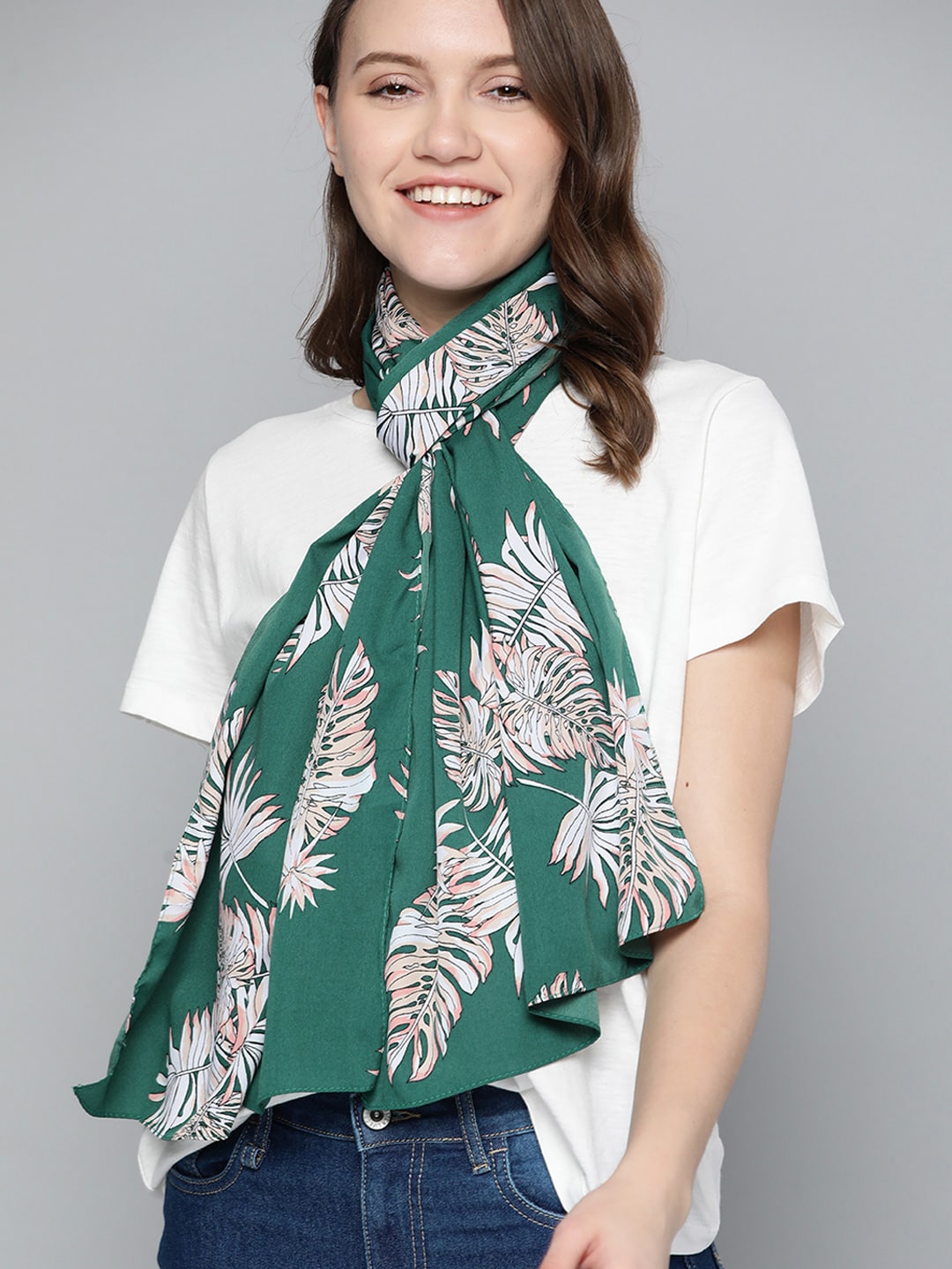 Mast & Harbour Women Green & White Floral Printed Stole Price in India