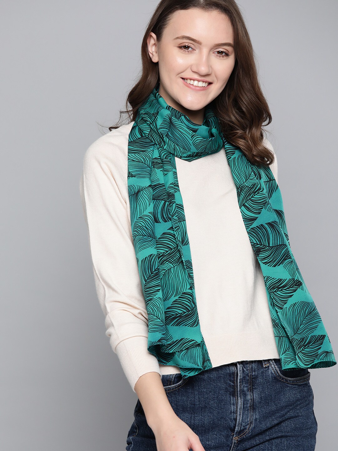 Mast & Harbour Women Green & Black Leaf Printed Stole Price in India