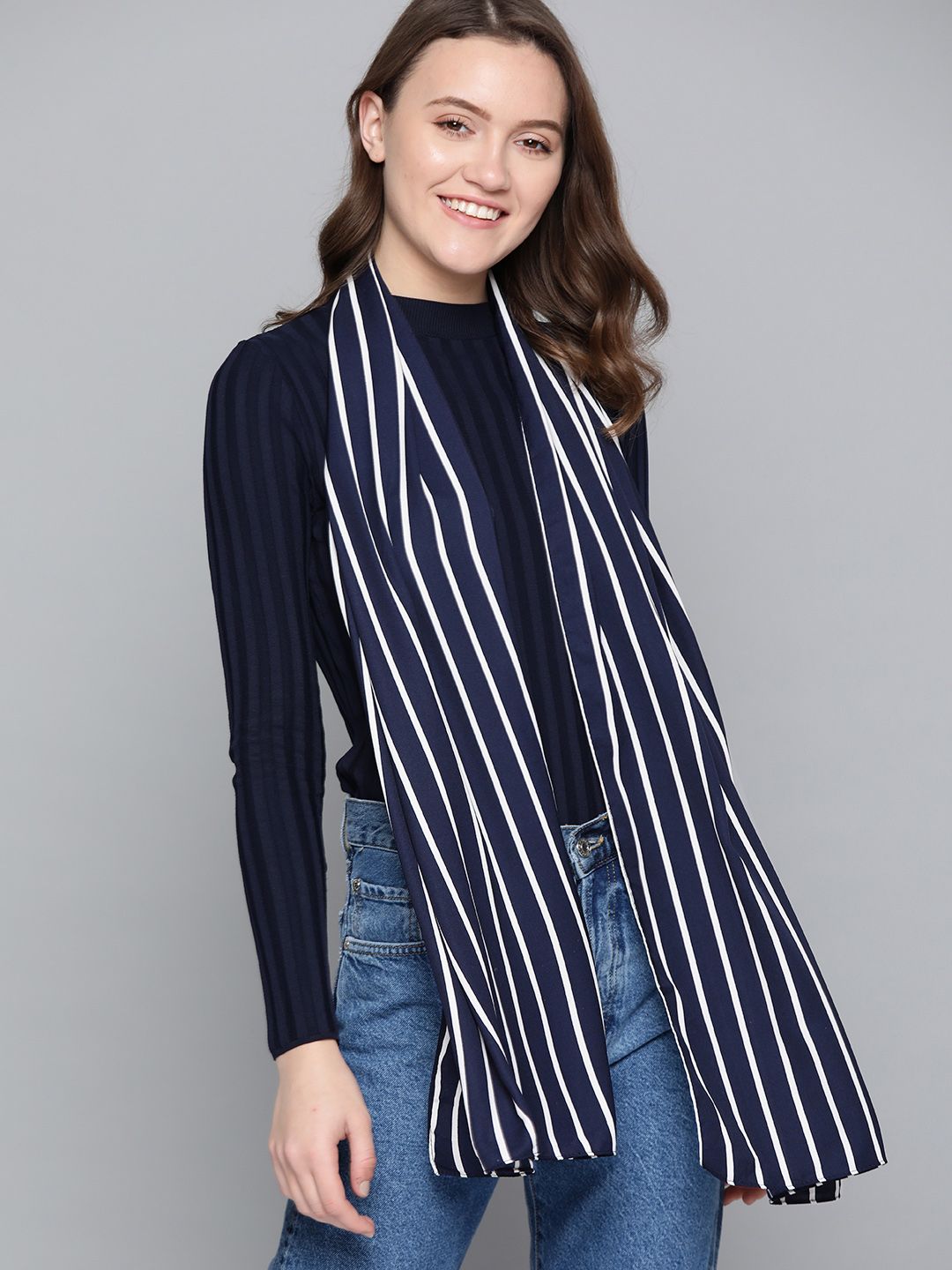 Mast & Harbour Women Navy Blue & White Striped Stole Price in India
