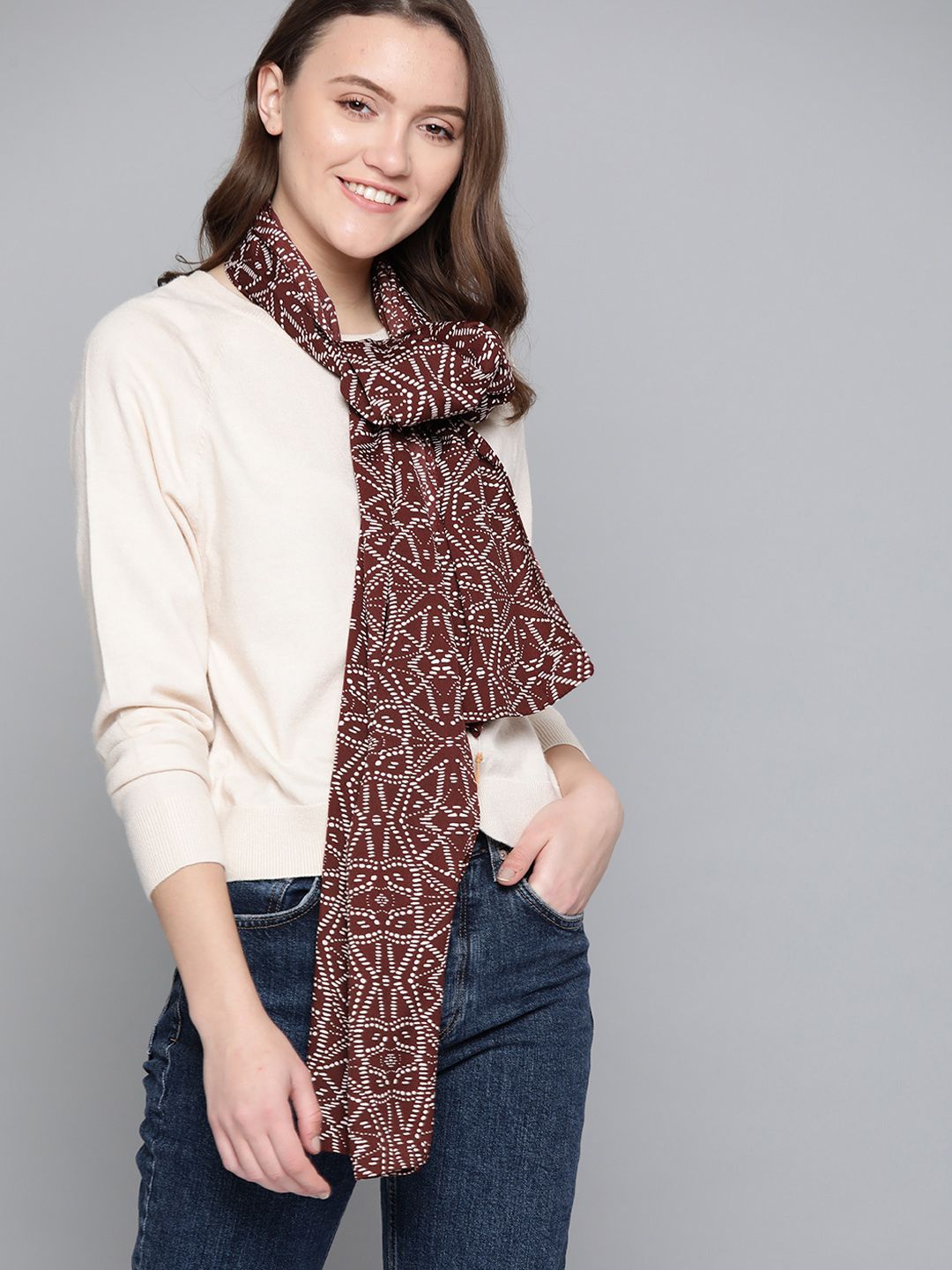 Mast & Harbour Women Coffee Brown & White Printed Stole Price in India