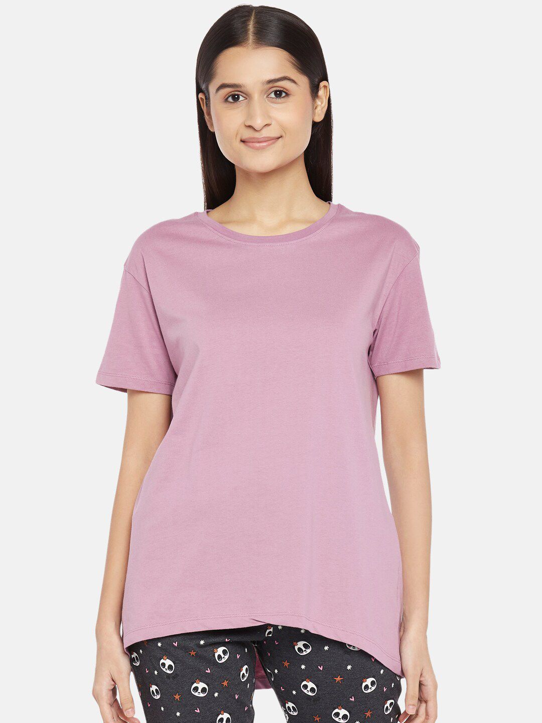 Dreamz by Pantaloons Women Mauve Solid Pure Cotton Lounge T-shirt Price in India