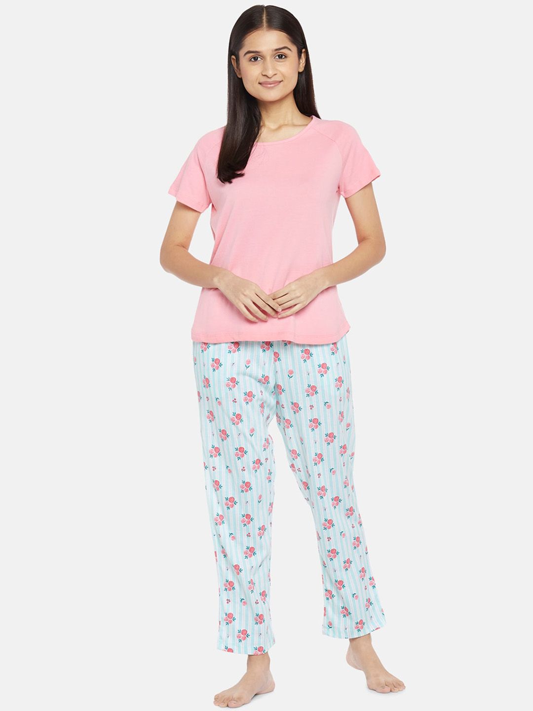 Dreamz by Pantaloons Women Blue & Pink Pure Cotton 2 Pc Night Suit Price in India