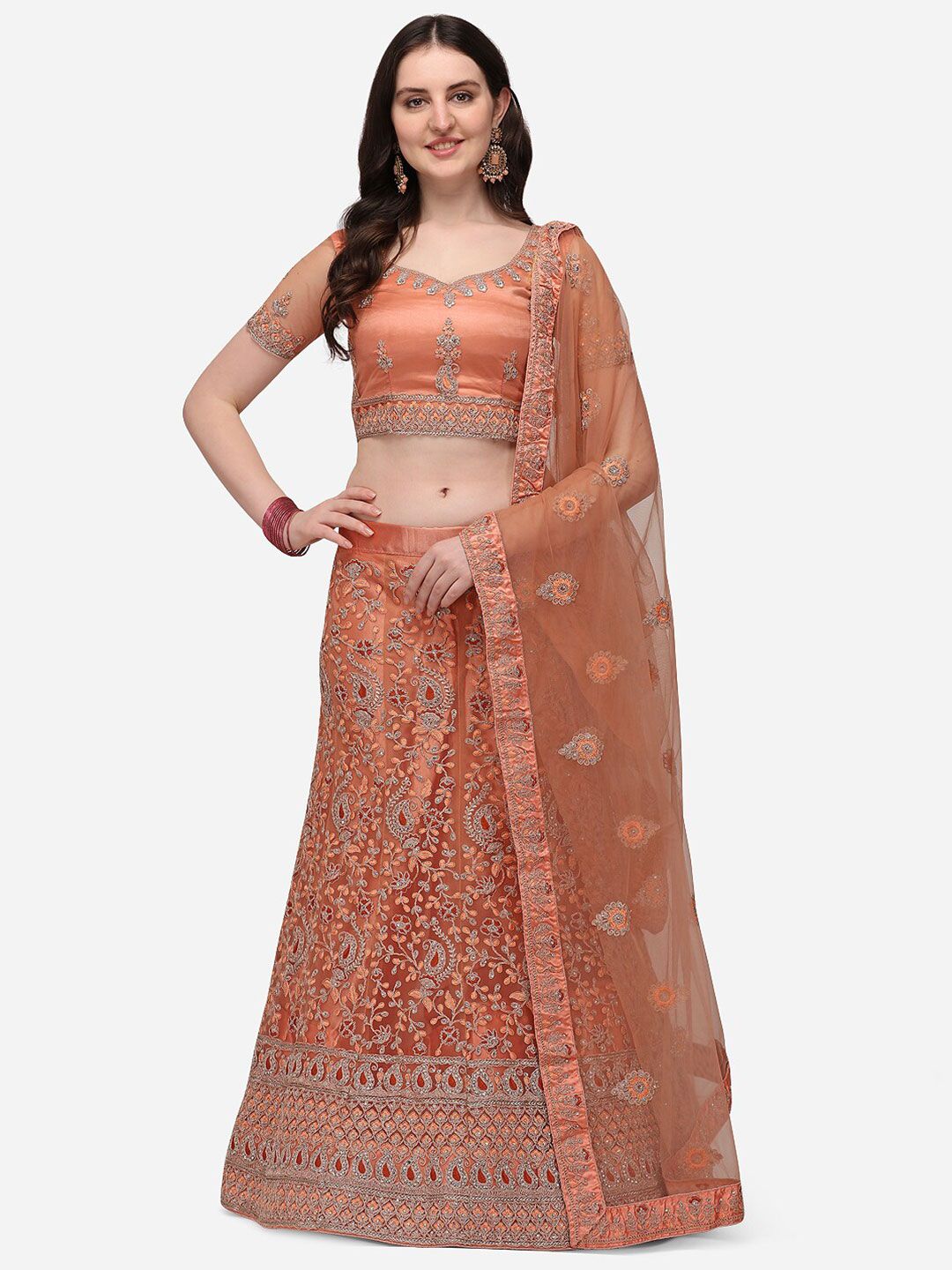 Netram Peach-Coloured Embroidered Semi-Stitched Lehenga & Unstitched Blouse With Dupatta Price in India