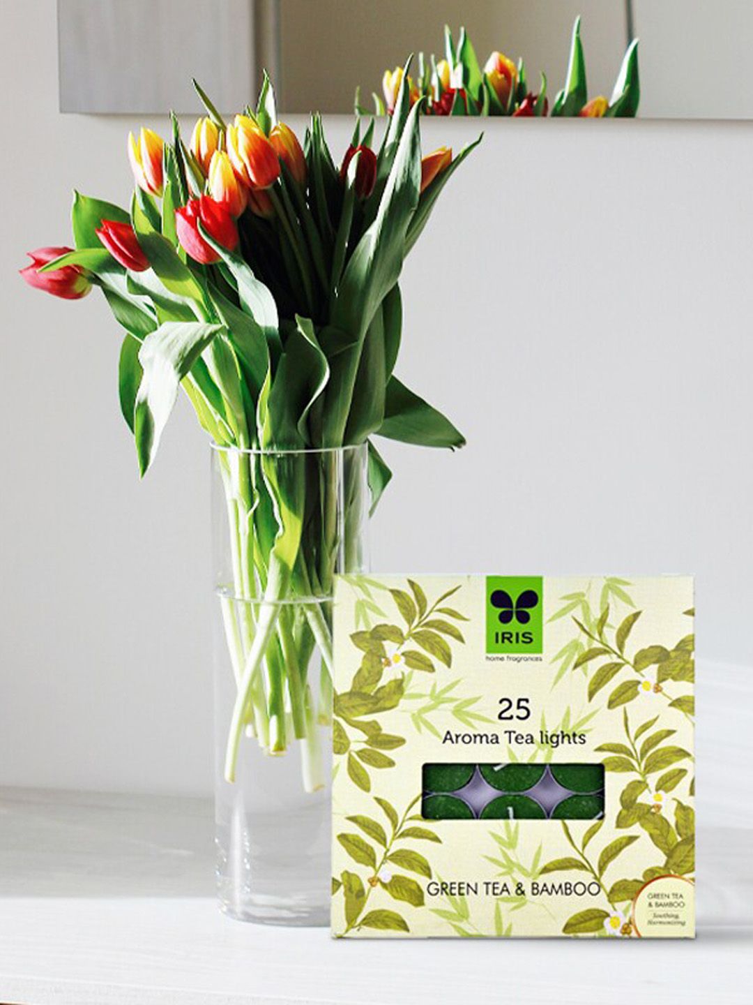 Iris Set Of 25 Green Printed Green Tea & Bamboo Tealight Candles Price in India