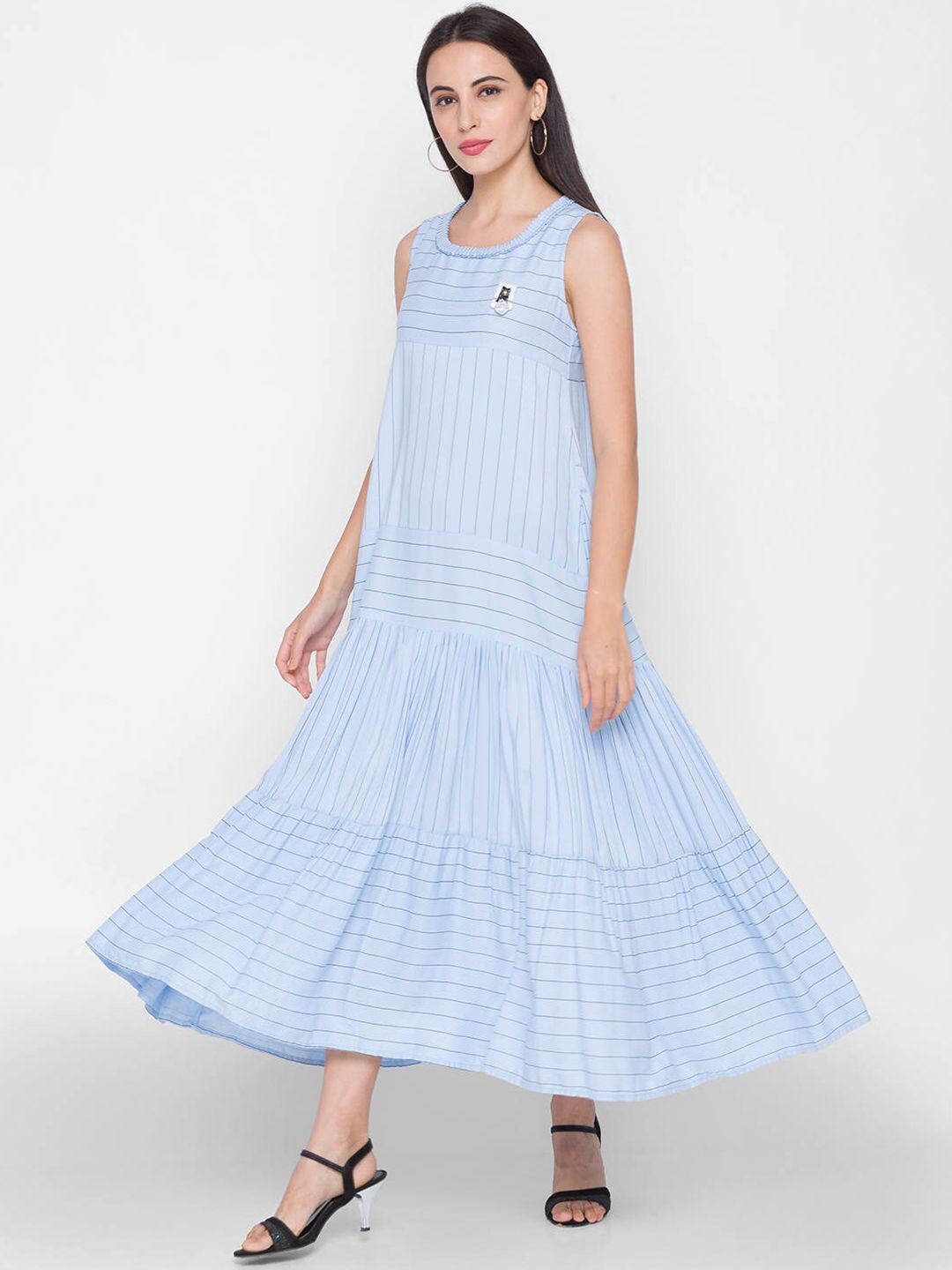 ZOLA Turquoise Blue Striped Tiered Maxi Dress Price in India