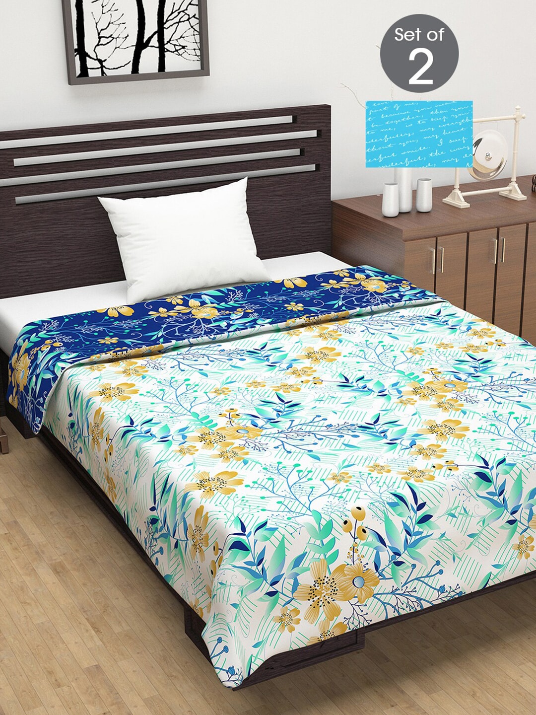 Divine Casa Navy Blue & Turquoise Blue Set of 2 Floral Mild Winter 120 GSM Single Bed Dohar Price in India