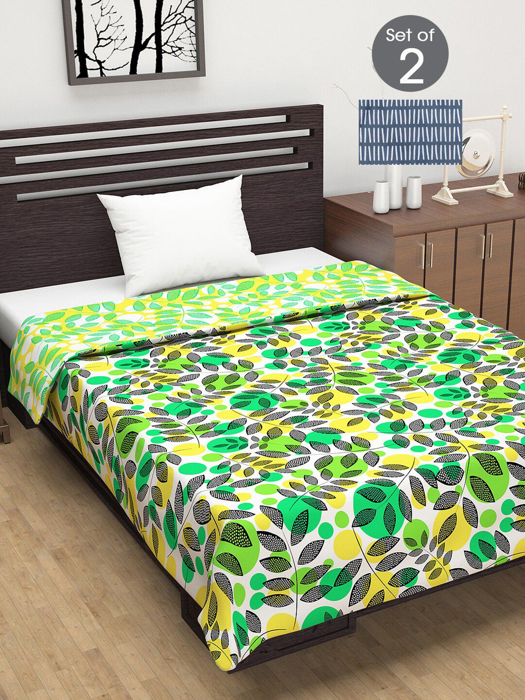 Divine Casa Green & Grey Set of 2 Floral Mild Winter 120 GSM Single Bed Dohar Price in India