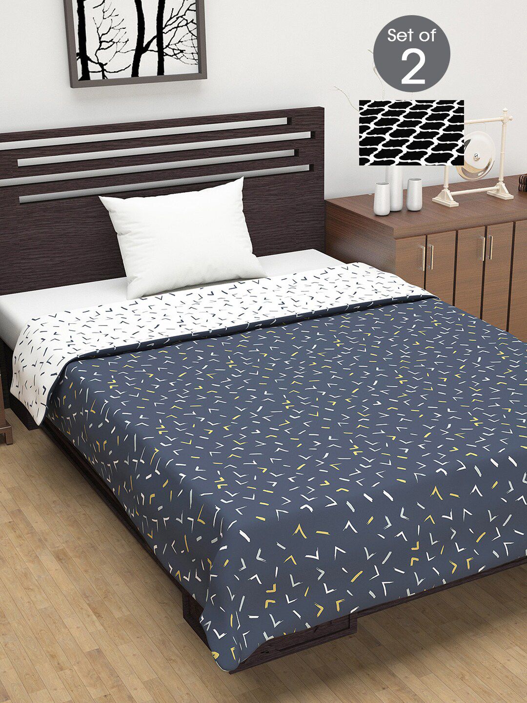 Divine Casa Navy Blue & Black Set of 2 Geometric Mild Winter 120 GSM Single Bed Dohar Price in India