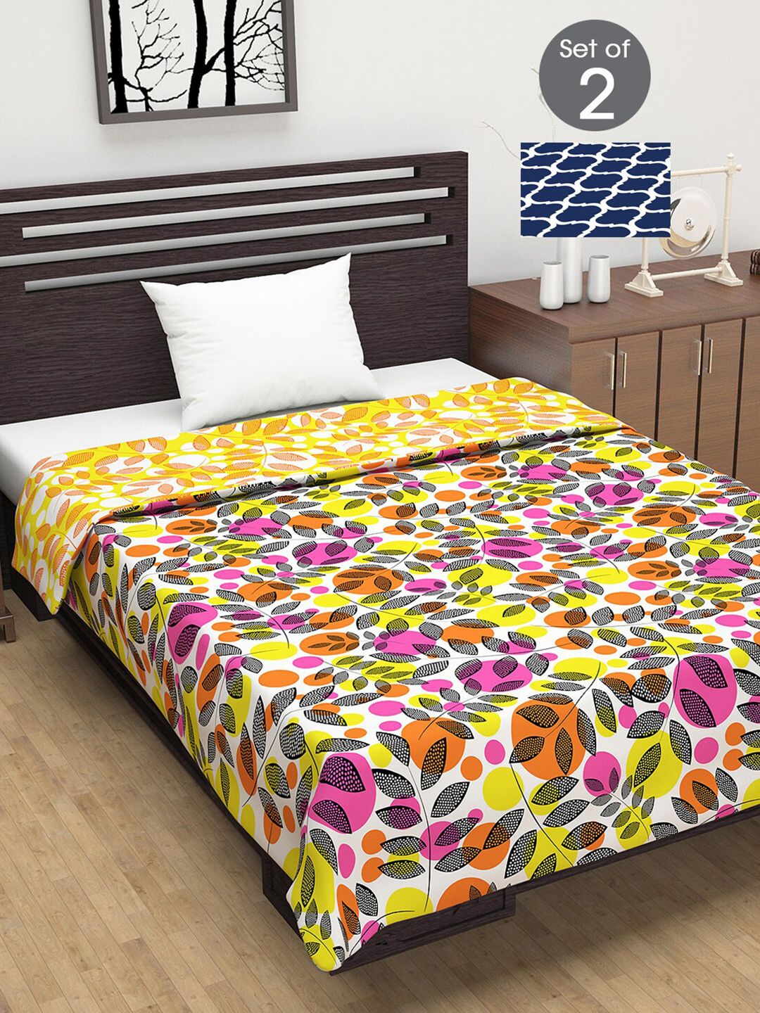 Divine Casa Yellow & Blue Set of 2 Floral Mild Winter 120 GSM Single Bed Dohar Price in India