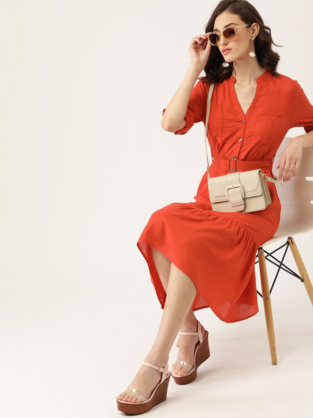 DressBerry Women Rust Orange Solid Sustainable A-Line Dress with Belt Price in India