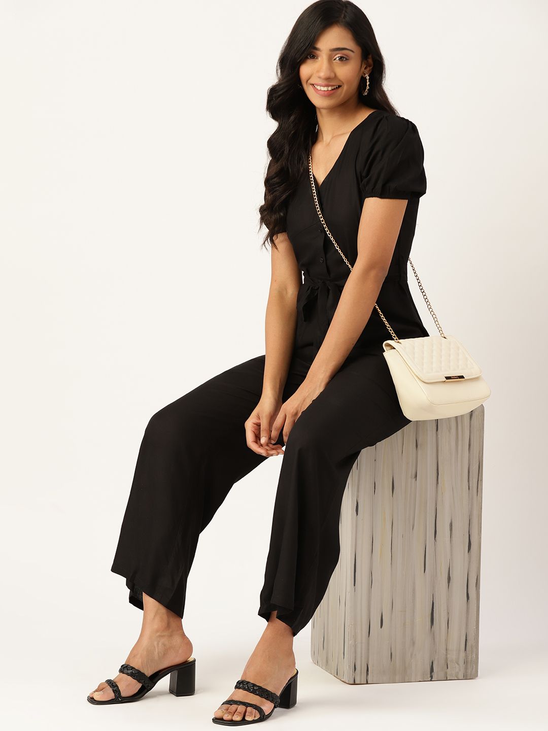 DressBerry Black Solid Sustainable Basic Jumpsuit Price in India