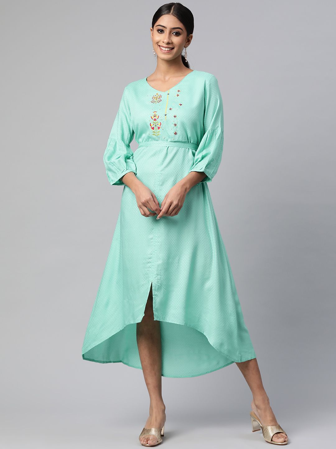 Rangriti Women Turquoise Blue & Yellow Embroidered A-Line Midi Dress with a Belt Price in India