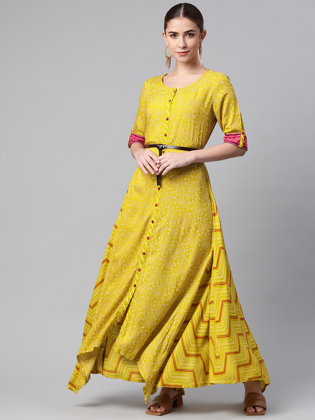 Rangriti Women Mustard Yellow & White Ethnic Maxi Dress with a Belt Price in India