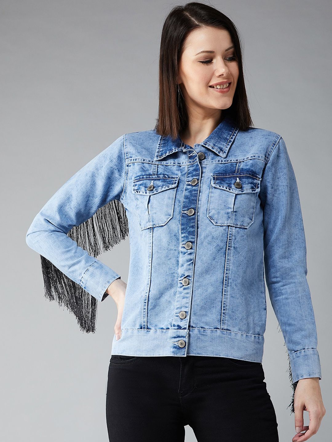 DOLCE CRUDO Women Blue Washed Denim Jacket Price in India