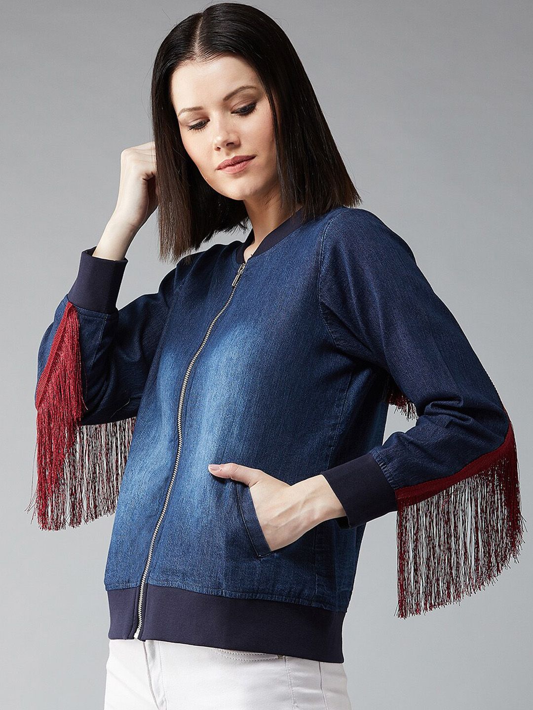 DOLCE CRUDO Women Navy Blue Red Washed Denim Jacket Price in India