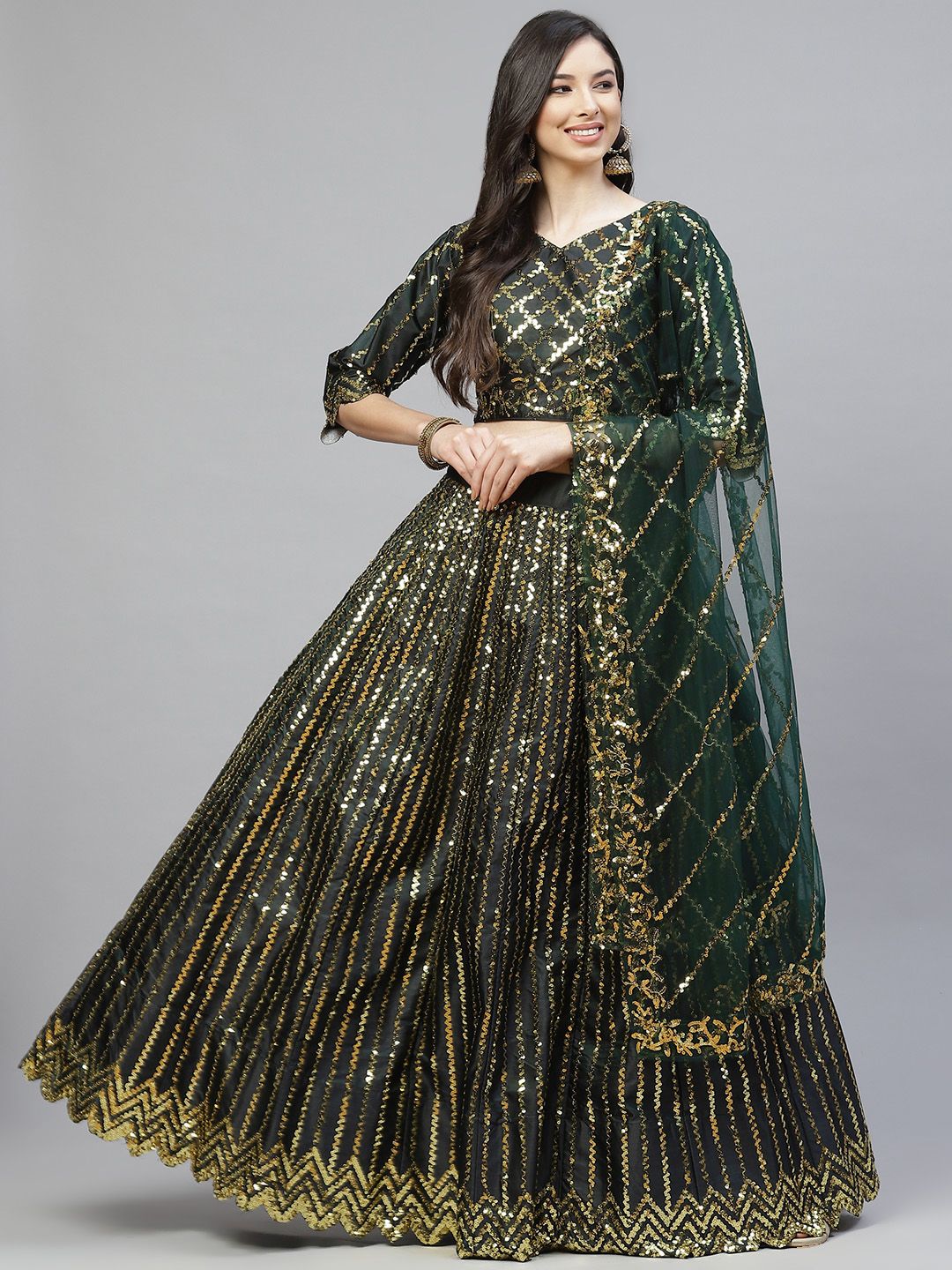 Readiprint Fashions Green & Gold-Toned Embellished Sequinned Semi-Stitched Lehenga Choli Price in India