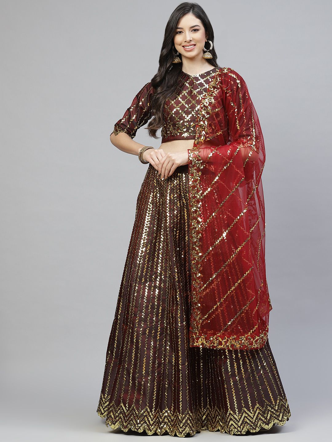 Readiprint Fashions Maroon & Gold-Toned Embellished Sequinned Semi-Stitched Lehenga Choli Price in India