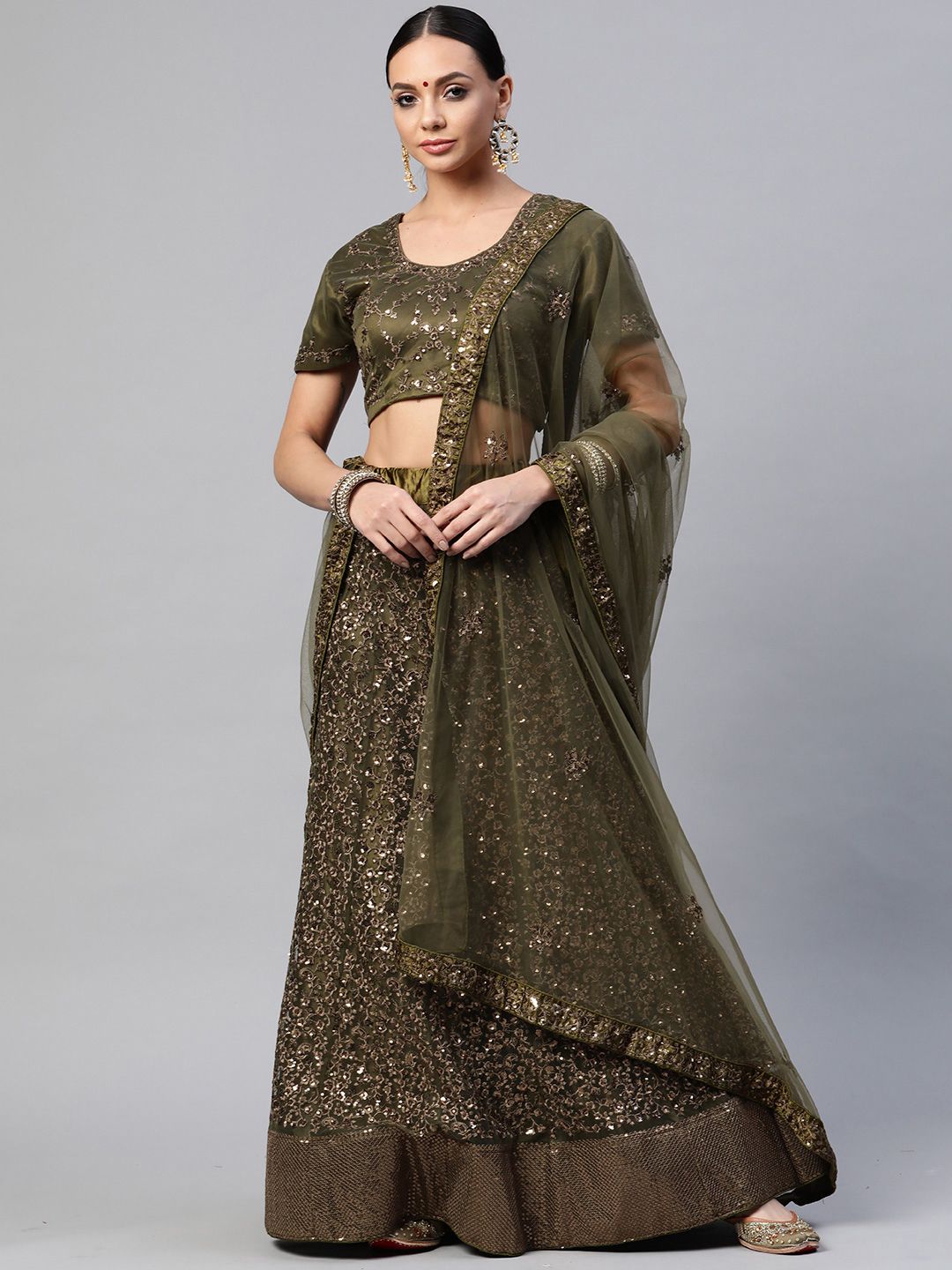 Readiprint Fashions Women Olive Green Semi-Stitched Lehenga & Unstitched Blouse & Dupatta Price in India