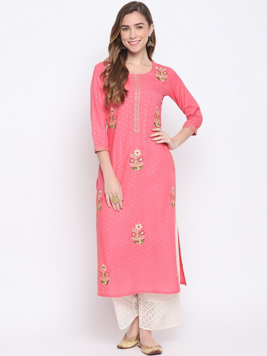 FASHION DEPTH Women Pink Embroidered Thread Work Kurta Price in India