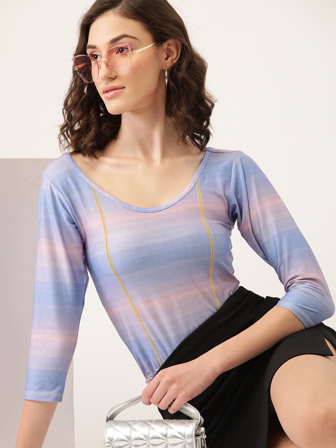 DressBerry Women Blue & Pink Checked Top