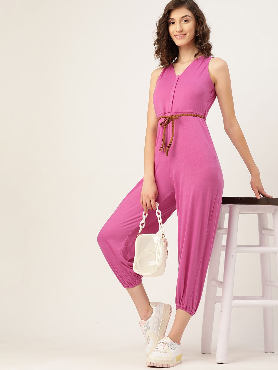 DressBerry Pink Solid Basic Jumpsuit With Belt Price in India
