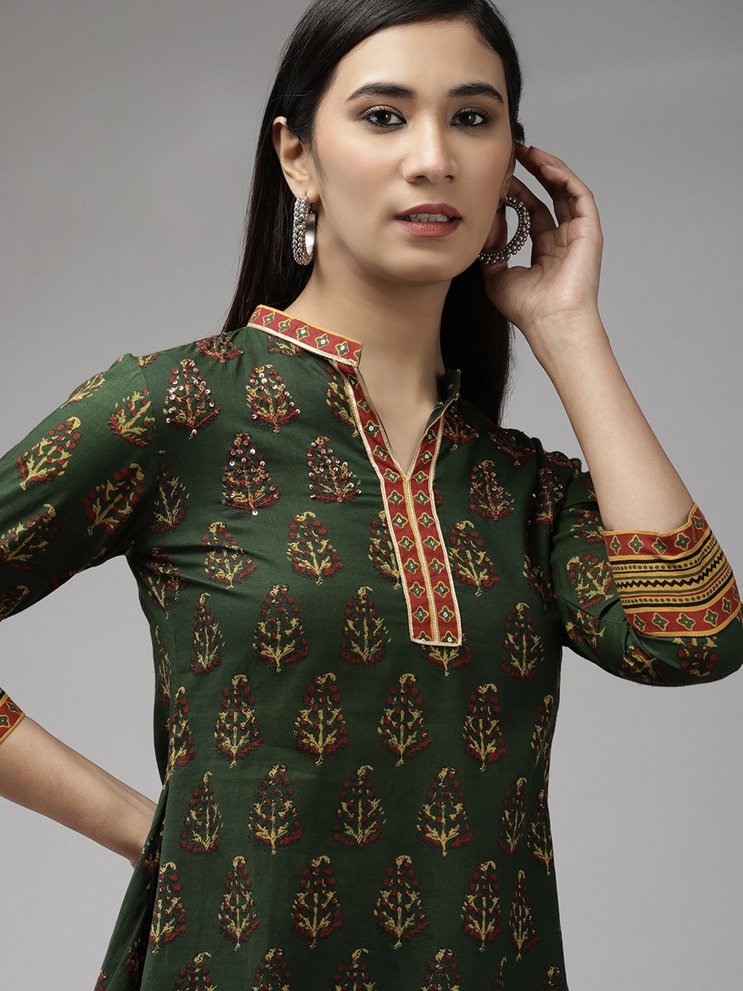 Indo Era Women Green & Mustard Yellow Ethnic Motifs Printed Kurti Price in India