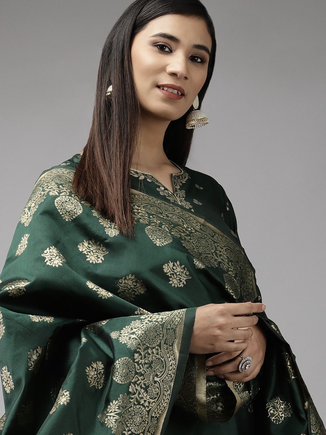 Indo Era Women Green & Golden Kurta with Trousers & With Dupatta Price in India