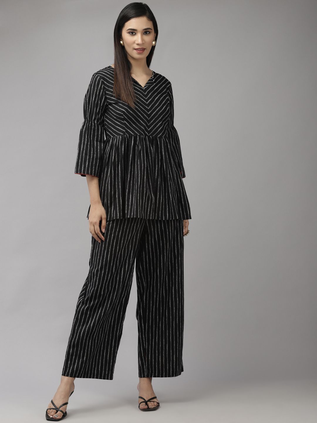 Indo Era Women Black & White Striped A-line Tunic With Trouser Set Price in India