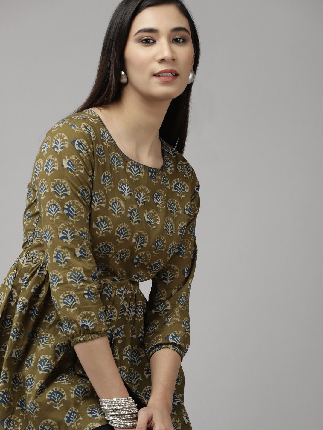 Indo Era Women Green & Blue Ethnic Motifs Printed Kurti with Front Slit Price in India