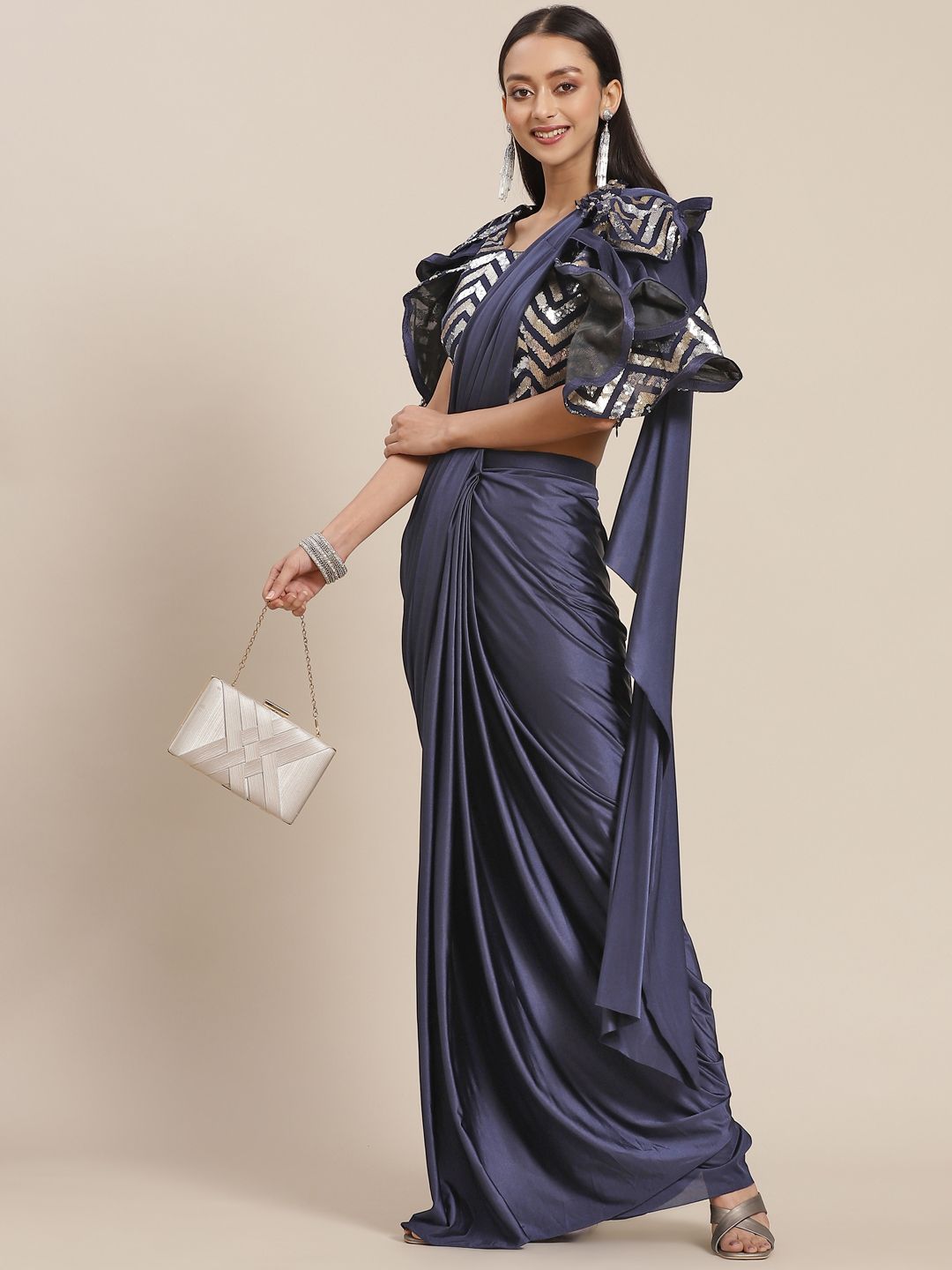 Mitera Navy Blue Solid Ready to Wear Saree with Embellished Blouse Price in India