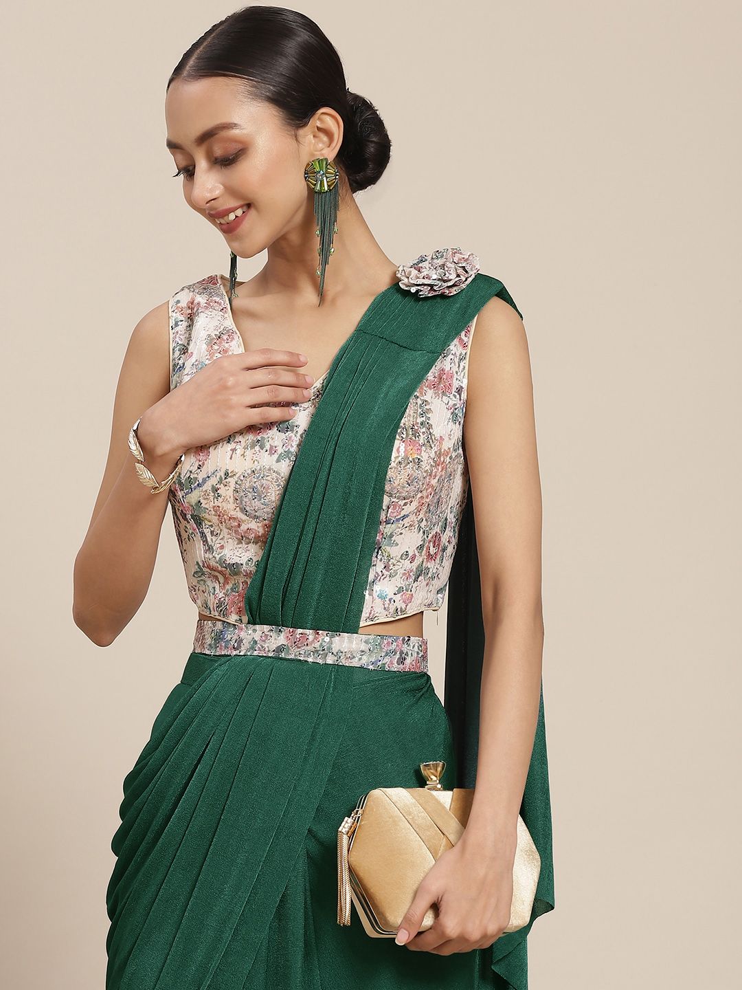 Mitera Green Solid Ready to Wear Saree with Belt Price in India