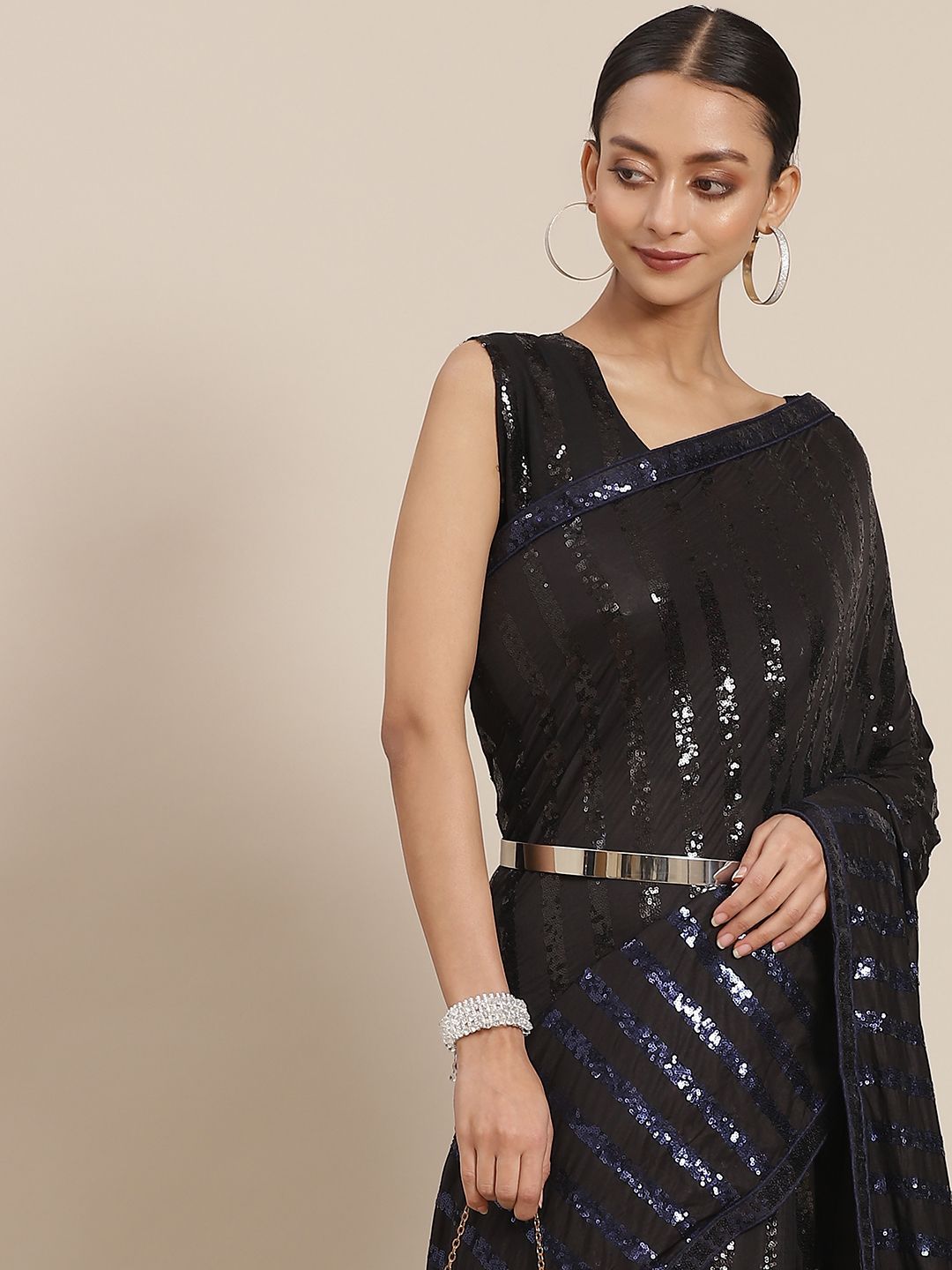 Mitera Black & Navy Blue Sequinned Embellished Saree Price in India