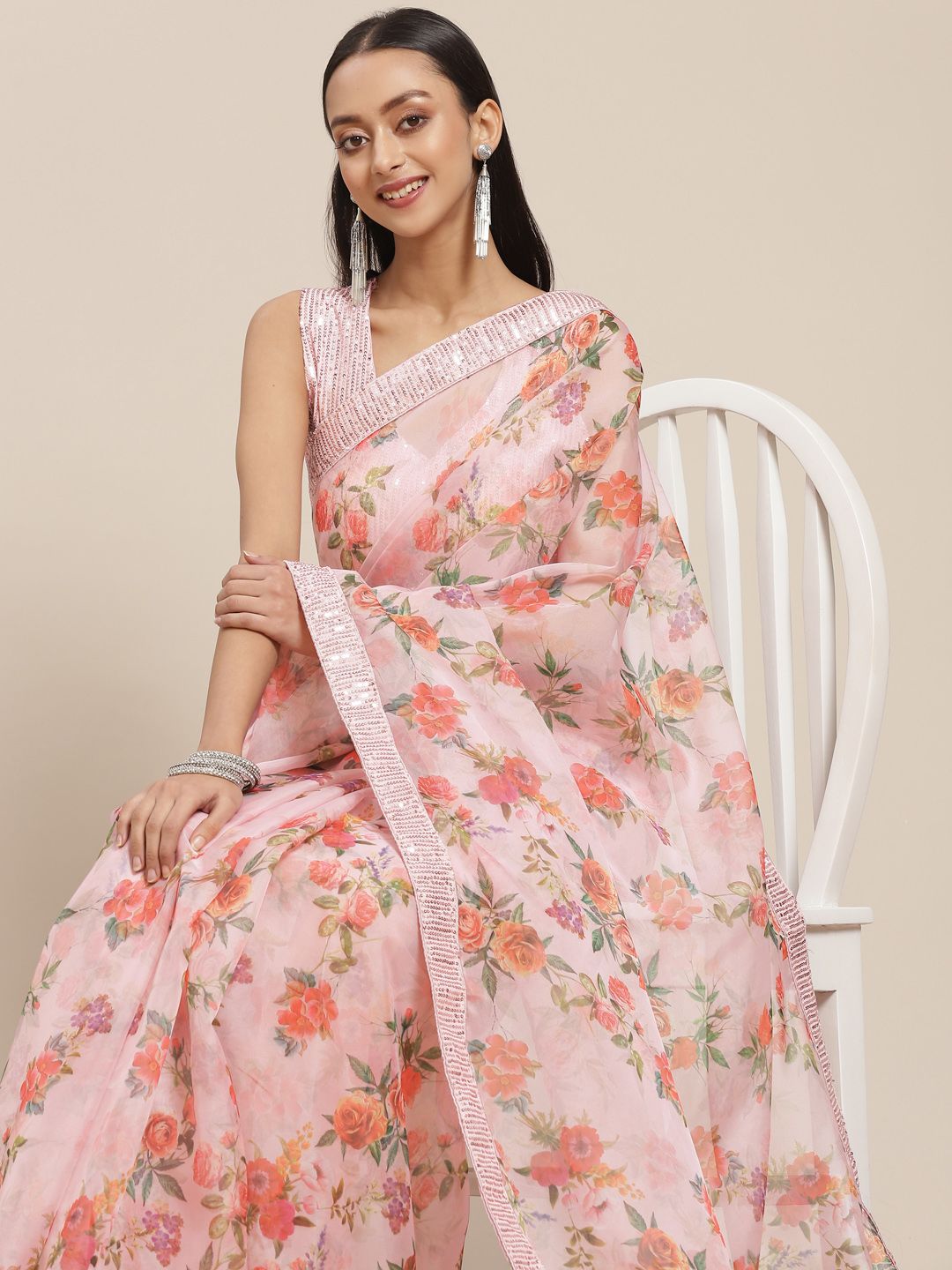 Mitera Pink Floral Print Organza Saree Price in India