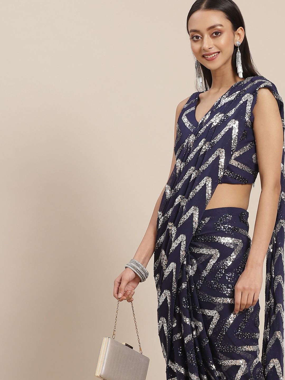 Mitera Navy Blue & Silver Sequinned Embellished Saree Price in India