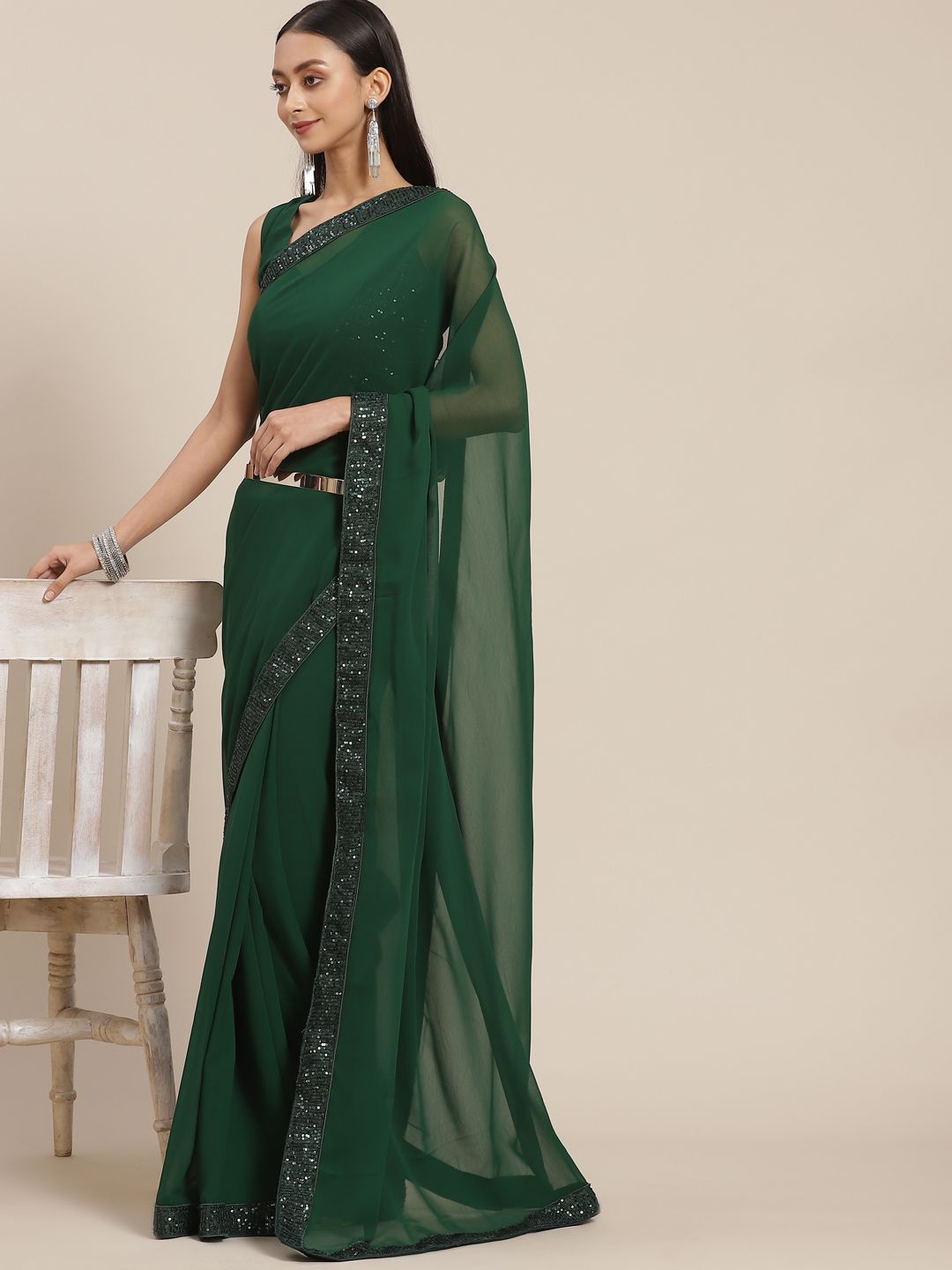 Mitera Green Solid Sequinned Saree Price in India