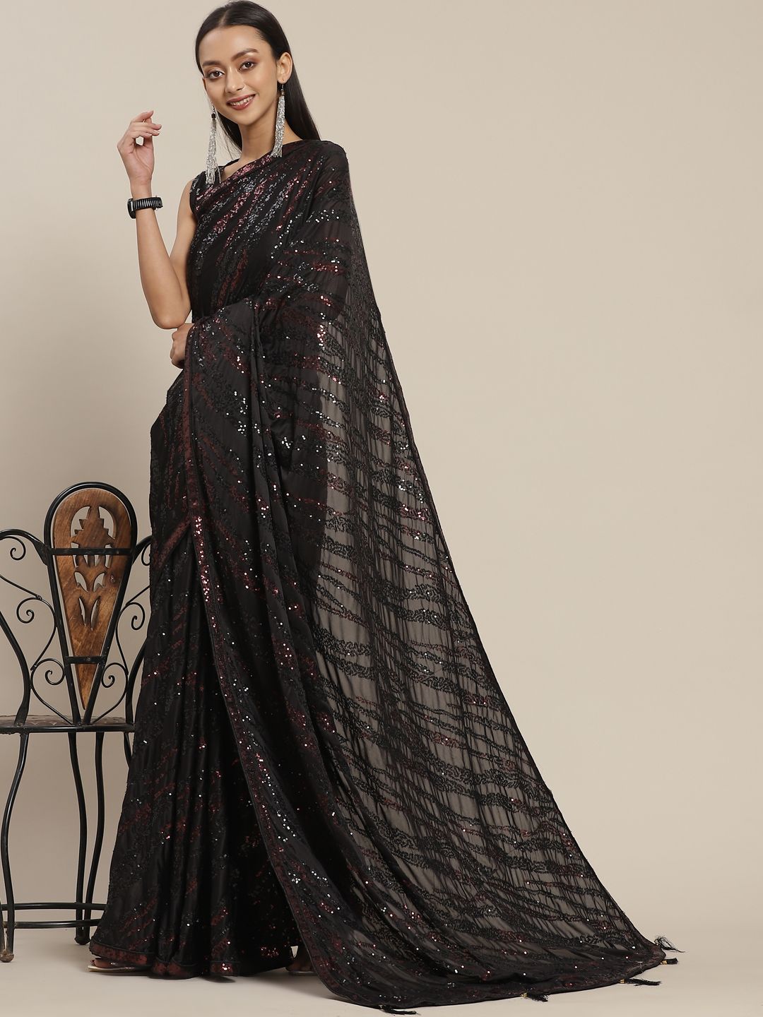 Mitera Black & Maroon Sequinned Embellished Saree Price in India