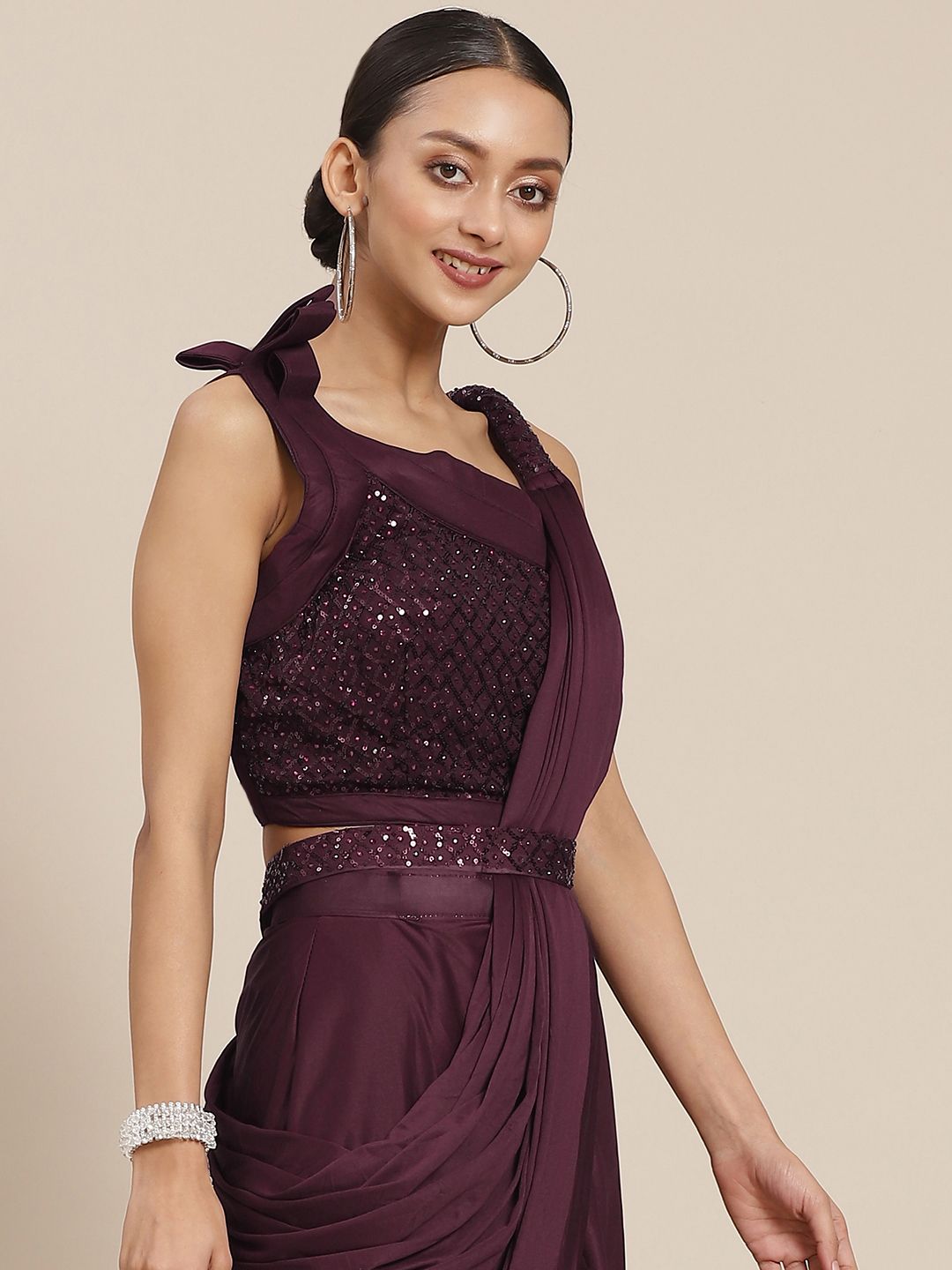 Mitera Burgundy Solid Ready to Wear Saree