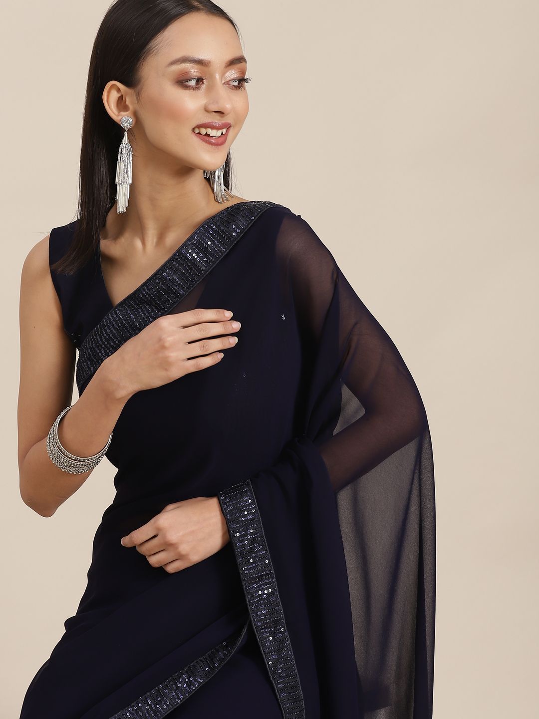 Mitera Navy Blue Solid Saree Price in India